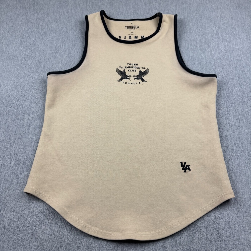 YoungLA Tank Top Men Large Beige Ambitious Club Progess 311 Curve Hem Muscle Gym